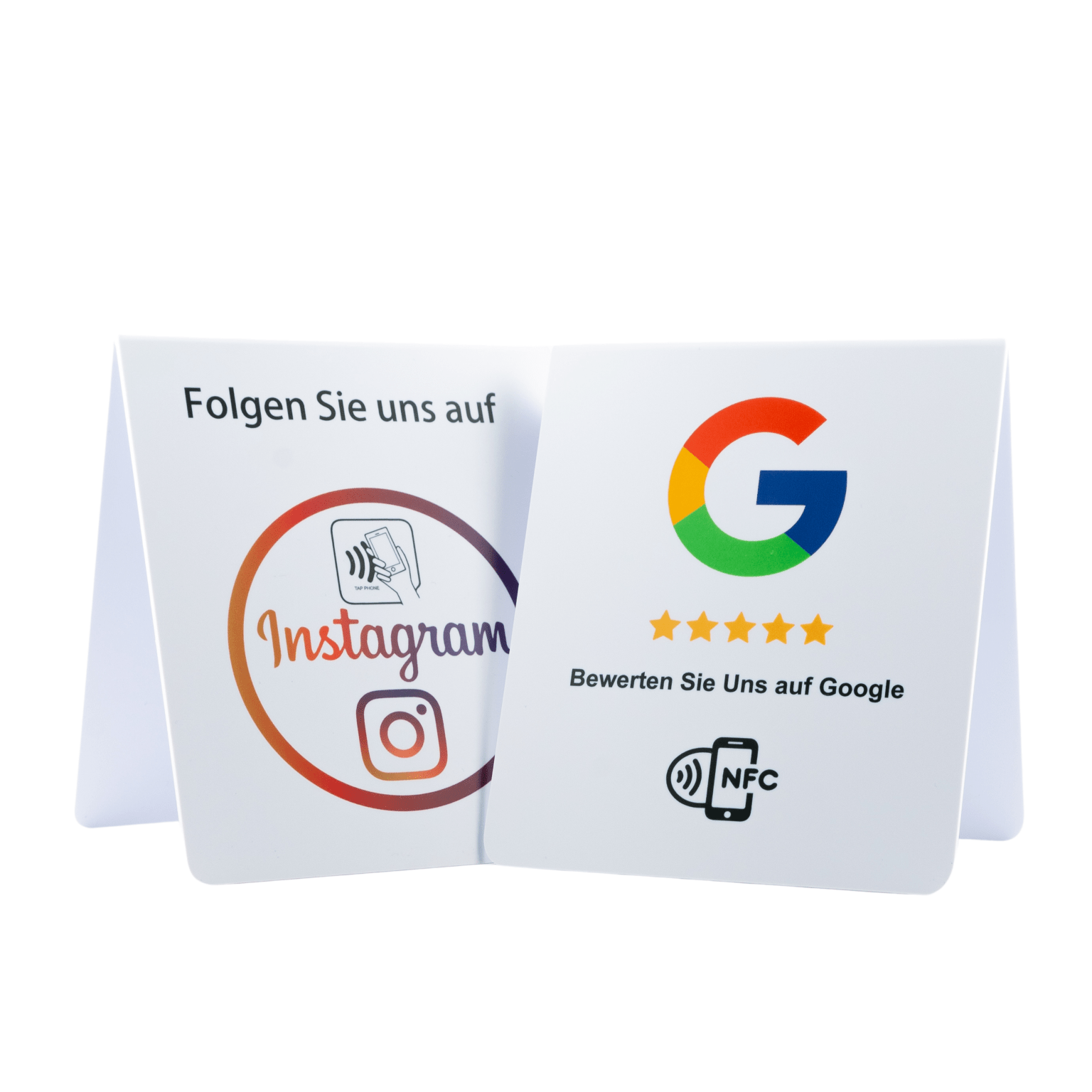Doppelseitiger NFC - Aufsteller für mehr Google Bewertungen und Instagram - Follower - Custom Ratings